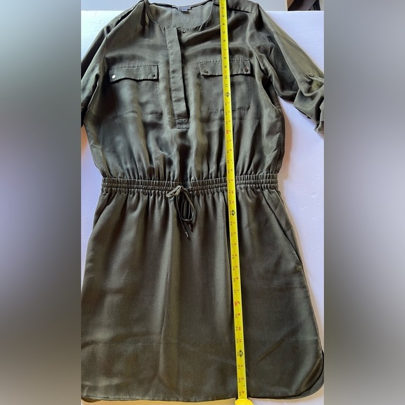 VINCE army green tab sleeve elastic waist silky shirt tunic dress szL officecore - Picture 8 of 10